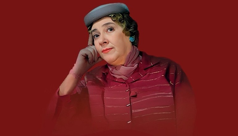 Image of Faina Ranevskaya overtop of a sold red background