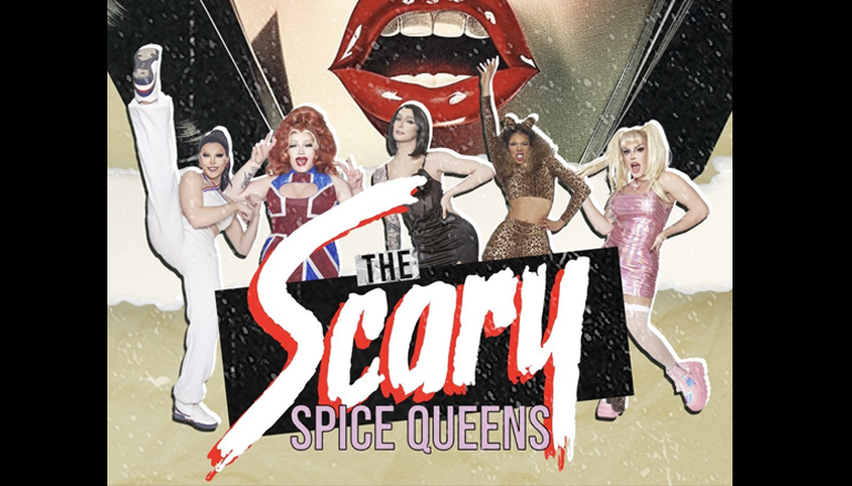 Image of a group of drag queens posing and dressed as each member of the Spice Girls