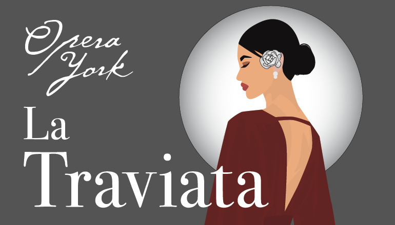 Text reads, "Opera York La Traviata" with an animated image of a woman